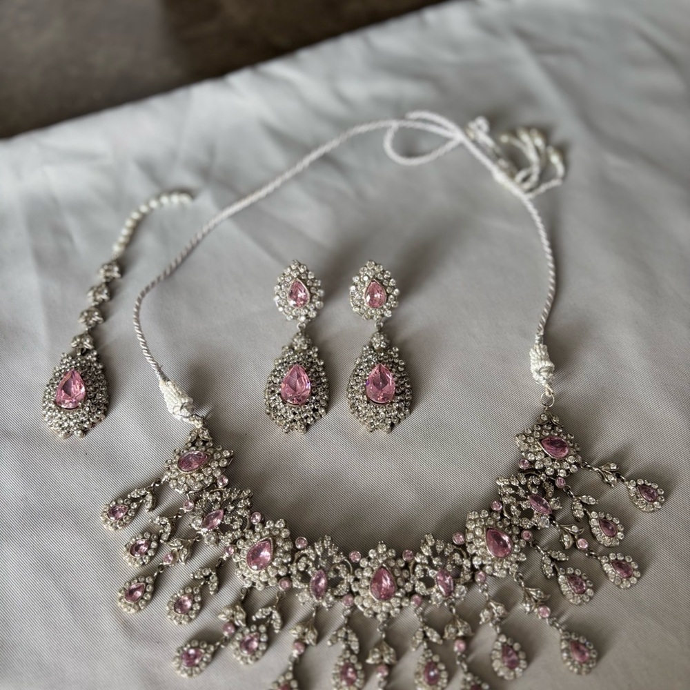 Elegant Pink and Silver Pakistani Bridal Jewelry Set